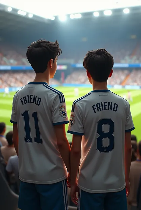 A young man watches the game on the field with   . . . The young man is wearing a Real Madrid shirt with the words “Friend” on the back of the shirt, . The girl is wearing a Real Madrid shirt and we hear on the back of the shirt  