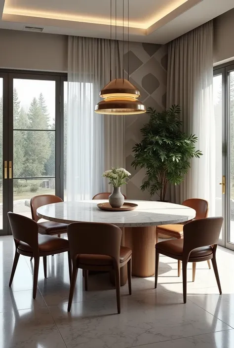 "A cozy yet sophisticated dining room with a large, round marble dining table at its center, surrounded by sleek, modern chairs with soft leather cushions. The space is illuminated by a minimalist pendant light that casts a warm, inviting glow over the tab...