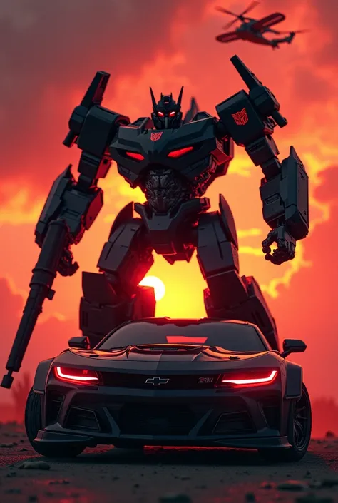 Red sunset with a black Camaro its headlights are a desecticon showing a robot named Dagon with blaster weapons and a helicopter-type drone 