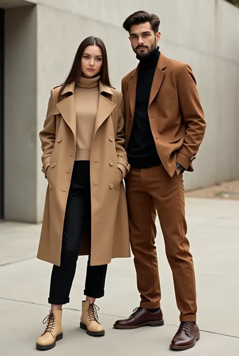  Create a photo 
Girl in a trench coat ( sand color ), beige high sneakers and black boyfriend pants ,
 Beige turtleneck 
And the guy in the brown short jacket,  brown pants and classic brown shoes , black turtleneck 