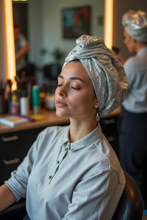 Image of a woman sitting in a hair salon while dyeing