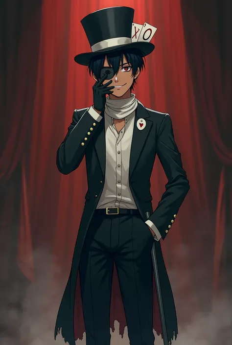 Tall boy [1.57mts ], short black hair, top hat a white ribbon that holds two cards , one of the cards has an X and the other has an O marked ,She wears a broken mask on her face , Mascari has a smile drawn, the boy has brown skin , the eye that is not cove...