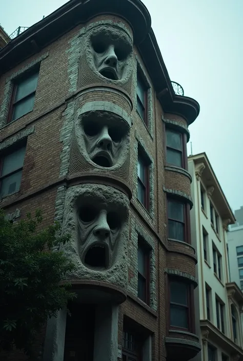 Close up of a 3 story residential building in San Francisco with haunting faces all over the outside walls, highest definition, highest detail, highest quality 