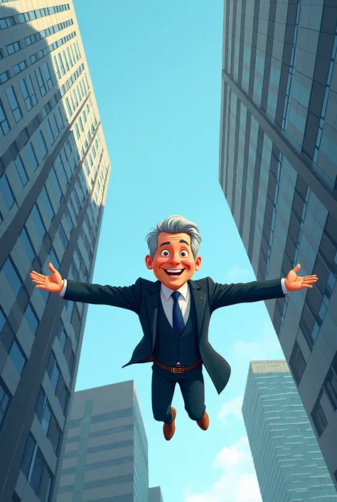 A Disney Pixar-style poster featuring a smiling gray-haired young man wearing an elegant suit, falling from a building  