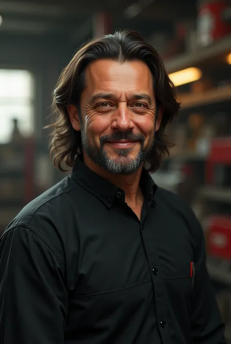 Imran khan, long hairs, big smile, dark blonde hair and beard and super fair skin, with a mole on his cheek and receding hairline in a truck repair shop dressed in black, slimmer body