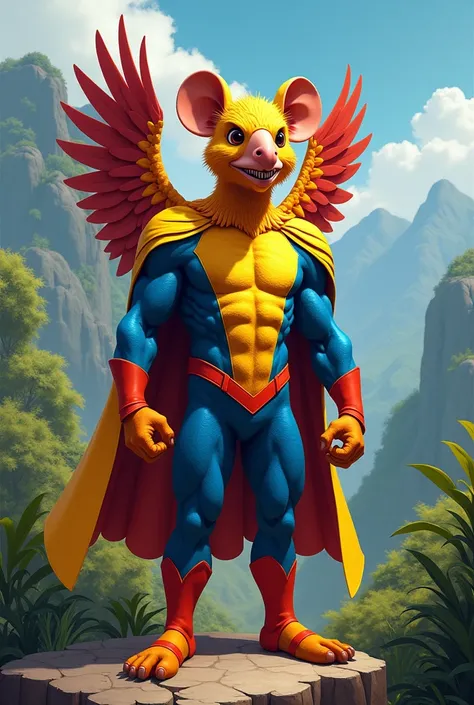 Give me an image of a superhero Petro with the colors of Colombia and wings of a funny condor with mouse teeth with the face of cheetos
