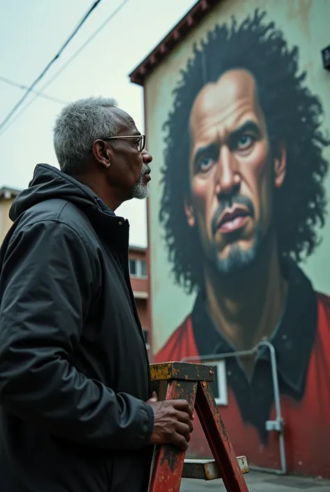 close up of an older black man with glasses on a ladder of a 3 story residential building in San Francisco looking at a haunting painting of an older black man with glasses on the outside walls, nightmare, highest definition, highest detail, highest qualit...