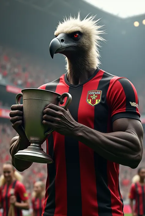  realistic image ,  high quality, Wicked vulture , muscular,  wearing a blouse , red team blouse with horizontal black stripes,  Clube de Regatas Flamengo , From Rio de Janeiro ,  holding a large silver cup ,  inside the stadium , Female supporters in the ...