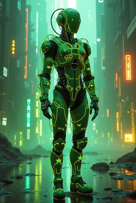 Depict cyborg as a Cybernetic Symphony of Neon, where glowing circuitry and digital displays pulse with vibrant energy. Utilize a futuristic color palette of [green] and [yellow] to capture the intersection of technology : hyperrealism trending on Artstati...