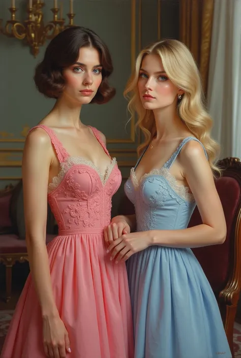 Hélène ( brunette with short hair in pink dress aged 51 ) and Hortense  ( blonde with blue eyes half long wavy hair and blue dress aged 21 ) 