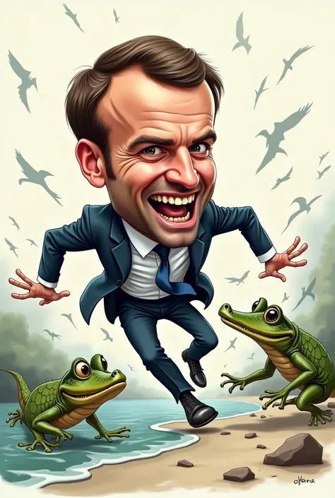 Caricature. 
Emmanuel Macron est poursuivi par un crocodile et par une grenouille qui veulent le croquer.