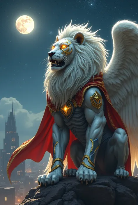 Create a majestic lion with a muscular body that looks like a strong human,  powerful white angel wings on the back ,  and a gold mask with glass visor on the head .  The silver armor with titanium flakes should cover the torso and arms .  The eyes must sh...