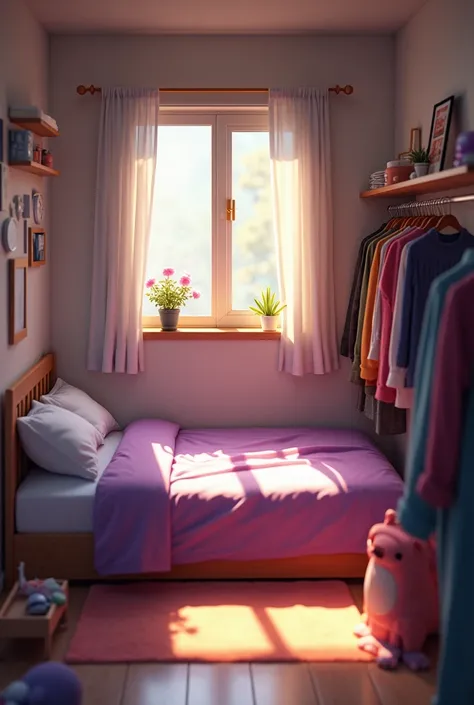 a parents room with a small window, a double bed with a purple sheet, a shoe rack with a mirror, a rack for clothes and a coat rack, the wall for jackets