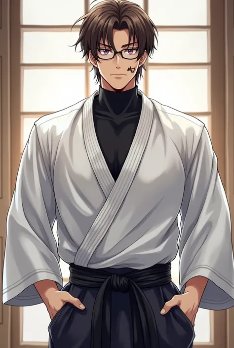 man
???  Years
Purple eyes .
 Spectacular brown hair .
Physique: Ectomorph, pumped up, height 184 cm
Dressed in white haori ,  under the bottom is a black sleeveless sports turtleneck,  black sleeveless karate-gi jacket ,  black male hakama , white socks, ...