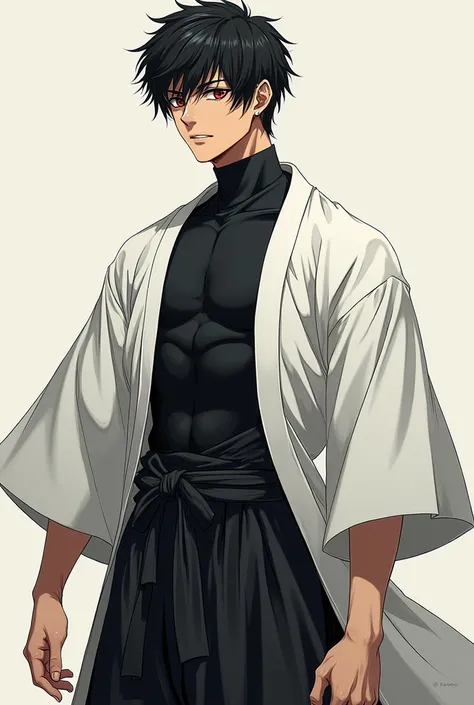 man
??? Years
Red eyes .
 Spectacled black hair.
Physique: Ectomorph, pumped up, height 184 cm
Dressed in white haori ,  under the bottom is a black sleeveless sports turtleneck,  black sleeveless karate-gi jacket ,  black male hakama , white socks,  tradi...