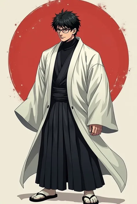 man
??? Years
Red eyes .
 Spectacled black hair.
Physique: Ectomorph, pumped up, height 184 cm
Dressed in white haori ,  under the bottom is a black sleeveless sports turtleneck,  black sleeveless karate-gi jacket ,  black male hakama , white socks,  tradi...