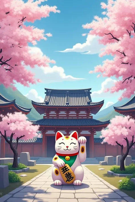  Japan wallpaper with maneki neko, Sakuras ,  Japanese cherry , temple 