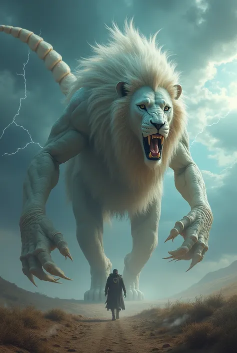 The white lion and the scorpion turn into a giant monster and the giant monster walks forward and lighting strikes in the background