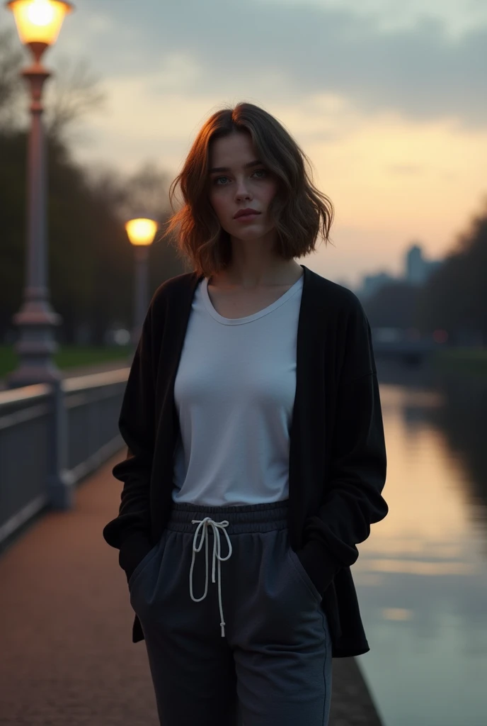 A beautiful woman, wearing white t-shirt and black shirt on top with dark gray sweatpants, brown short weavy hair, white shoe, standing on a river bridge, evening time, soft yellow light from a street light on top.