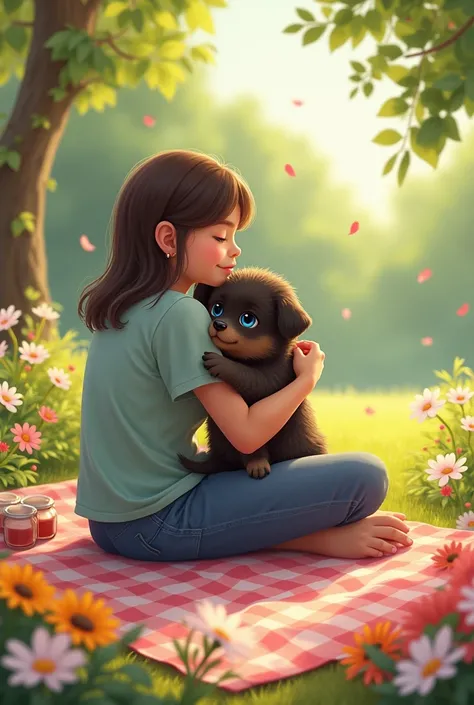  Create an illustration of a very cute puppy with only dark hair and blue eyes that is in the arms of its owner, Who is having a picnic in the park filled with flowers  