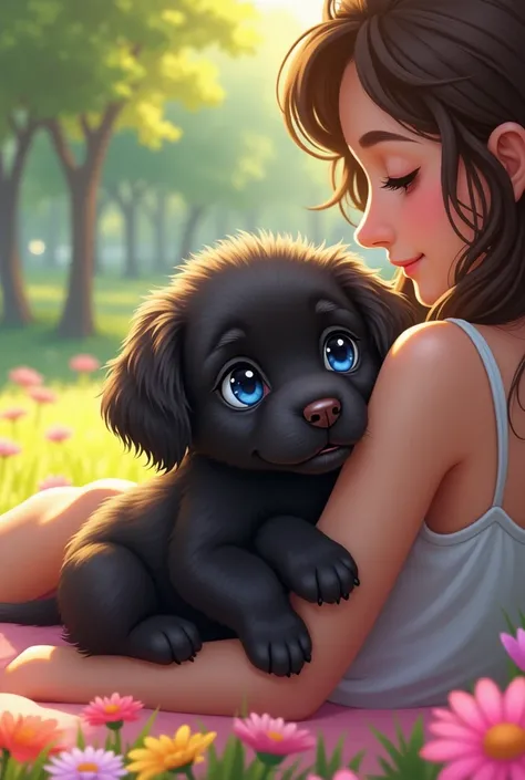  Create an illustration of a very cute puppy with only dark hair and blue eyes that is in the arms of its owner (A ) Who is having a picnic in the park filled with flowers  