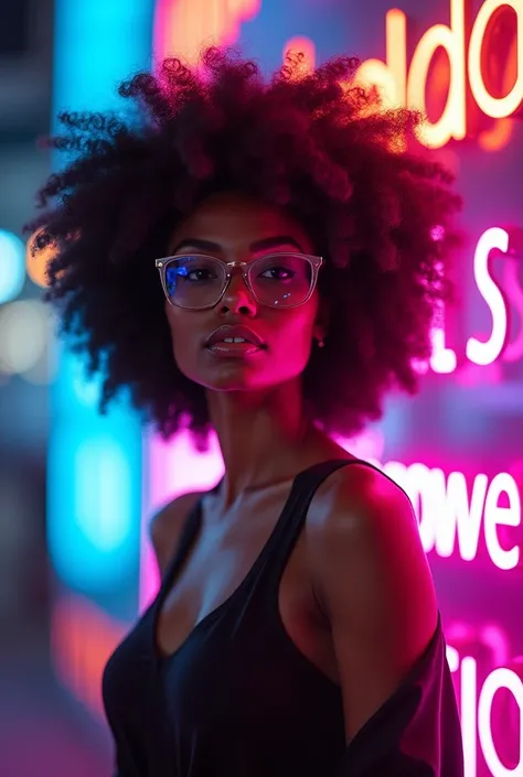 Image of a woman with big hair wearing glasses written on the image  "The Power of Knowledge" ,  creative, flashy neon 