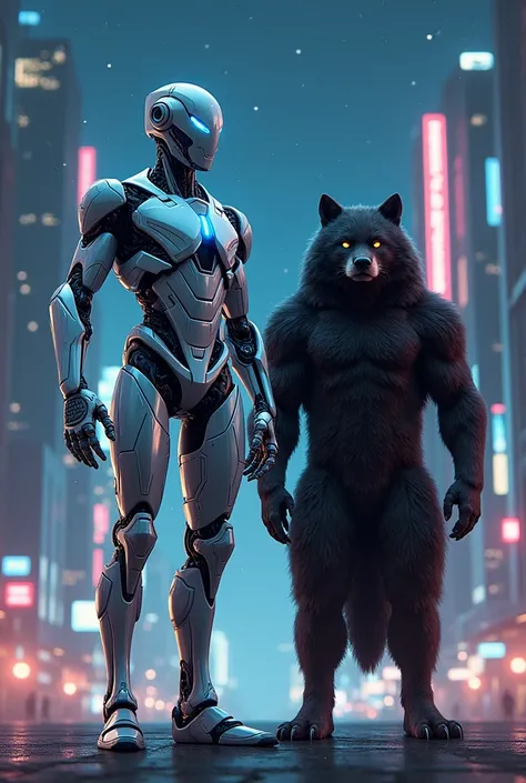 ☻Create an image featuring a mechanical robot and a fierce wolverine side by side, highlighting their unique characteristics while emphasizing their shared properties.

On the left, depict a high-tech robot with a sleek, metallic body adorned with intricat...