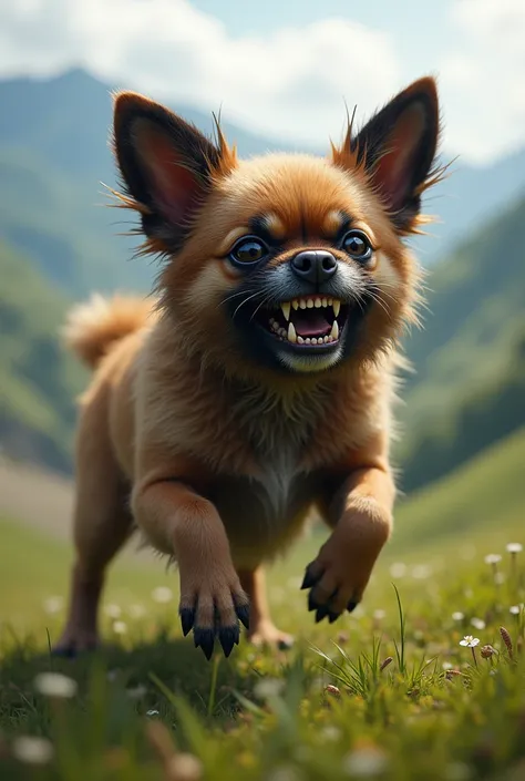 Create a fusion of a chihuahua dog and a Shitzu, merging their traits, becoming a single ferocious creature, maintain the scenery 