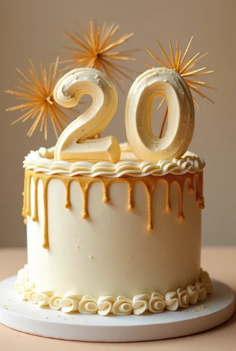 A Brithday cacke one layer with either frosting and golden fireworks made iut of fronting decoration with a 20 in the middle made out of fronting 
