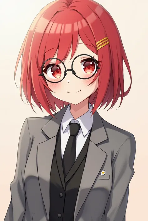 A cute and beautiful anime  girl character with short, red hair and red eyes. She wears a cute gray jacket She wears black, round, thin glasses She smiles and wears a gray and black suit 