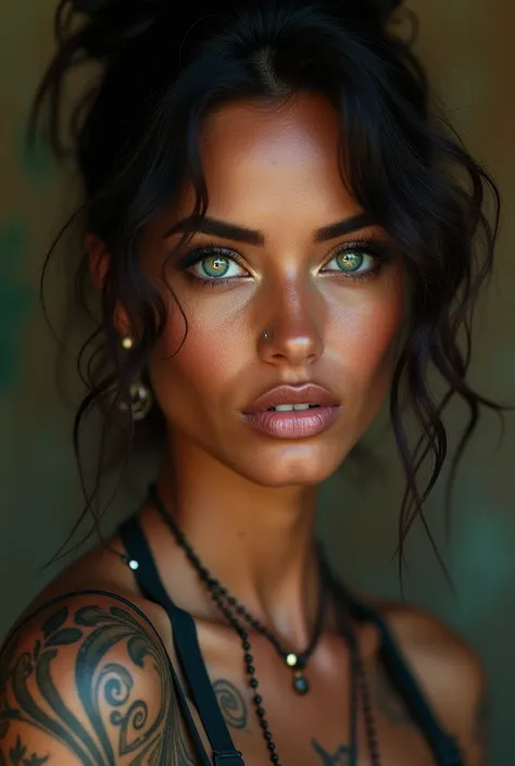 Brazilian woman, dark-skinned, striking green eyes, ornamental tattoos, com estilo streetwear