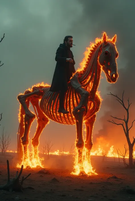 A man smoking on top of a horse skeleton of fire