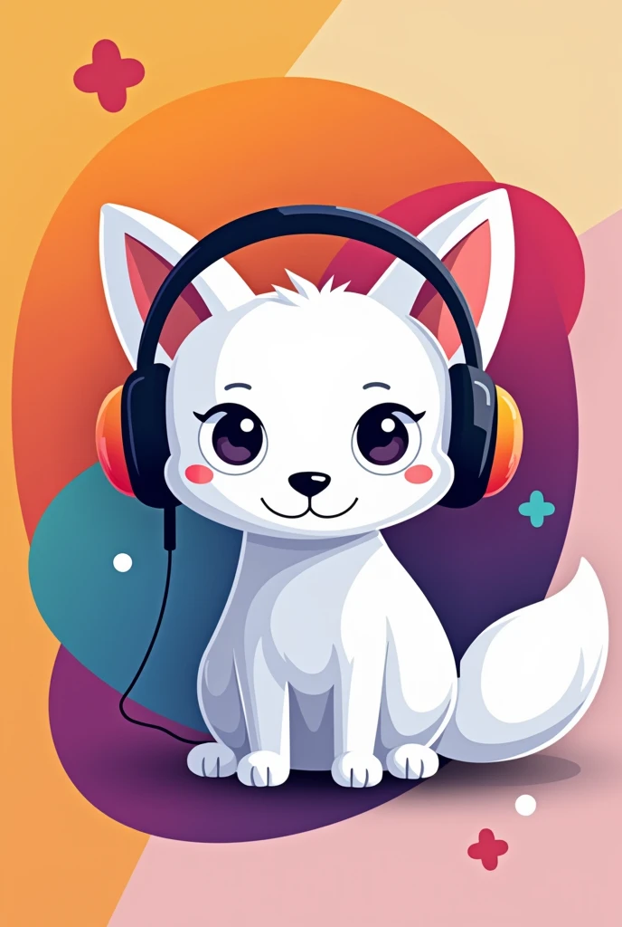 white fox in headphones as a logo with colorful background