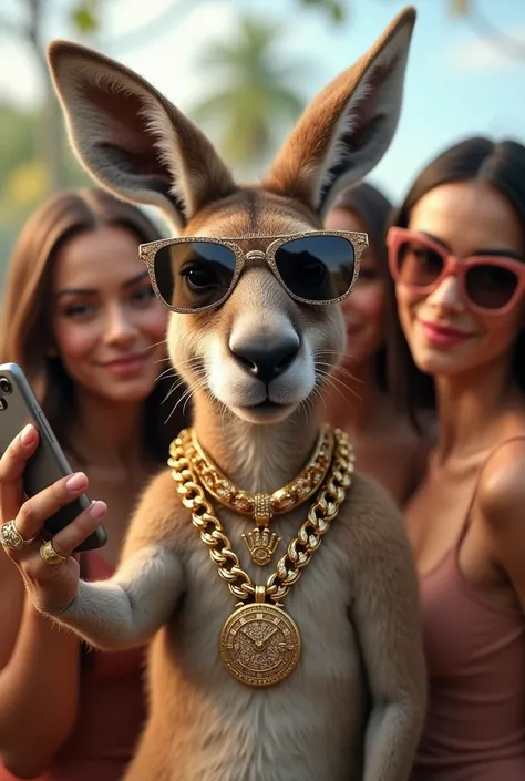 Male kangaroo with jewelry, Rolex watch and lenses taking selfie with beautiful girls
