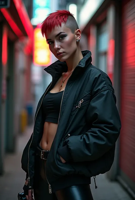 high-quality full hd 8k professional studio portrait cinematic epic movie scene png dslr photo in phst artstyle with white balance color correction hdr film grain depth of field blur post processing filters of a fit body buzzcut redhead techwear-punk woman...