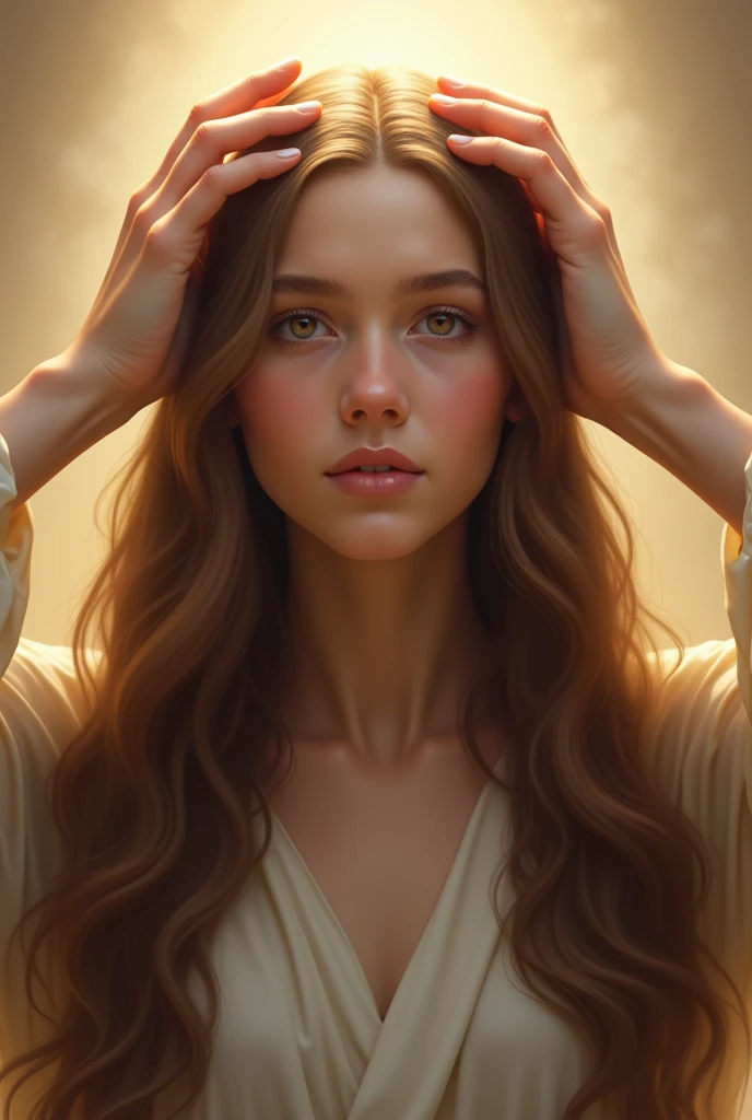  Photo realism of a beautiful and young girl ,  long brown hair ,  she is very beautiful of European beauty, showing herself crowned by powerful hands , In a halo of light ,  it is presumed to be the hands of Jesus ,  crowned as a testimony to affirm that ...