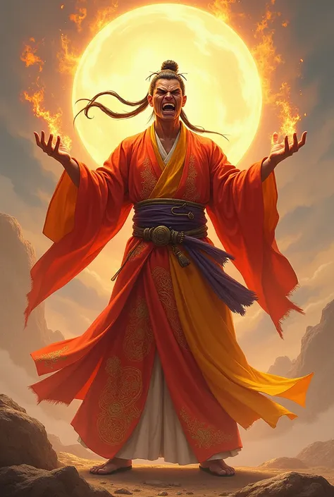 Generate an image of an expressive character, angry, of a shugenja in the world of the role-playing game Legend of the Five Rings, wearing a red and yellow kimono, casting a fire spell in a realistic, pastel style. En respectant les proportions humains. 