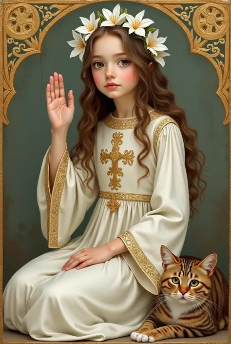 Medieval miniature style .  New Religion Yeletss Witnesses . 
 The main adept is Saint Olesya ,  young girl with big brown eyes and brown hair,  with a wreath of white Lilies on her head . She makes a cross with her fingers .  Next to her sits a striped ca...