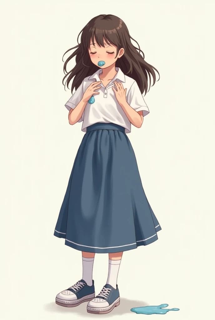 Create a girl who sticks gum on her long blue skirt with her long polo shirt and her wavy hair loose on her feet, she puts on medium stockings and sneakers, but who doesnt throw her face away, just the piece down.