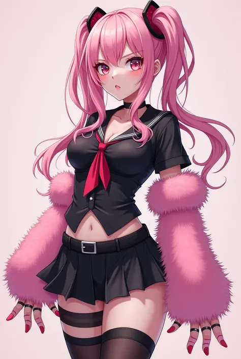 A white man with feminine features with my big slender hips femboy in kawai clothing wearing a black mini skirt and black schoolgirl shirt with thigh-length stockings with legs, ears and furry hands in pink with kawai face with lots of pink and black