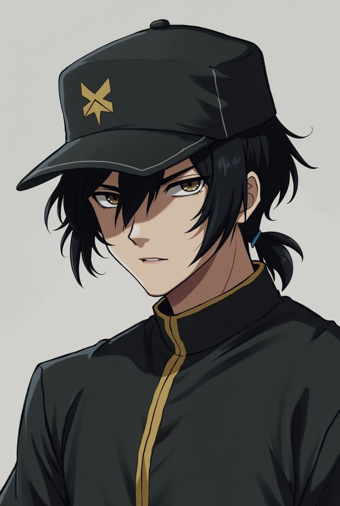 Male black hair with tail and cap rayomaqueend shirt serious face 