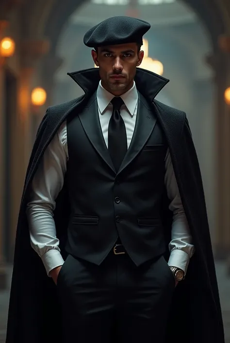 A strong vampire man .  Wearing a black dress vest  (without the overcoat )  with a gray dress shirt ,  a black tie and a black beret
