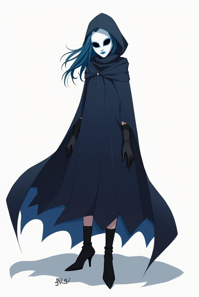 (Solo) 1girl, faceless, breasts, mask (white face mask, black eyes, blie lining/) blair hair, long hair, black and teal long cape, (cape covering full body/), white gloves, dark navy dress, long skirt, black heels boots, used cape to covered, cartoon style...