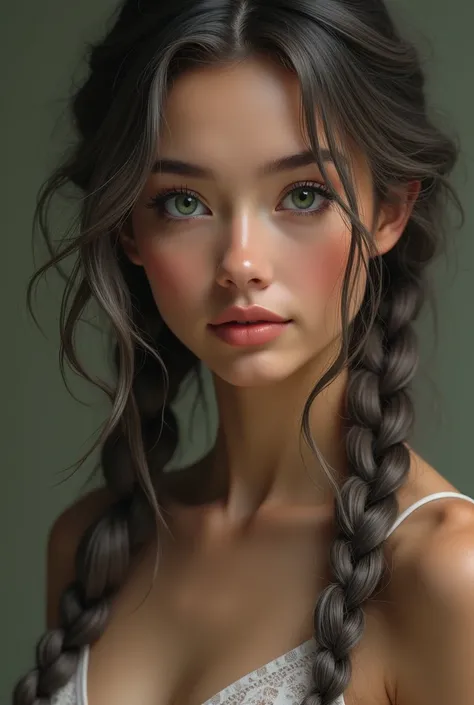 Light-skinned woman green eyes loose kanekalon braids abundant half gray and half brown 