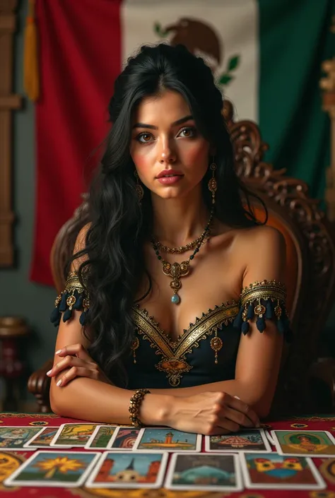 A detailed, highly realistic picture of a young Mexican woman with beautiful, expressive eyes, delicate facial features, and lush, dark hair, set against a vibrant backdrop of the Mexican flag, with elements of traditional Mexican art and architecture, (be...