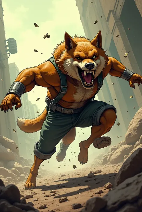 A photo of DogMeat From Fallout 76 taking out an enemy while being badass in cartoon style
