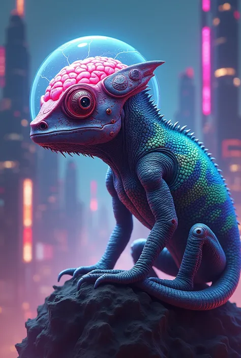  Make a chameleon with robotic eyes, cyberpunk anime-style cartoon  , skull with a glass dome exposing its large brain