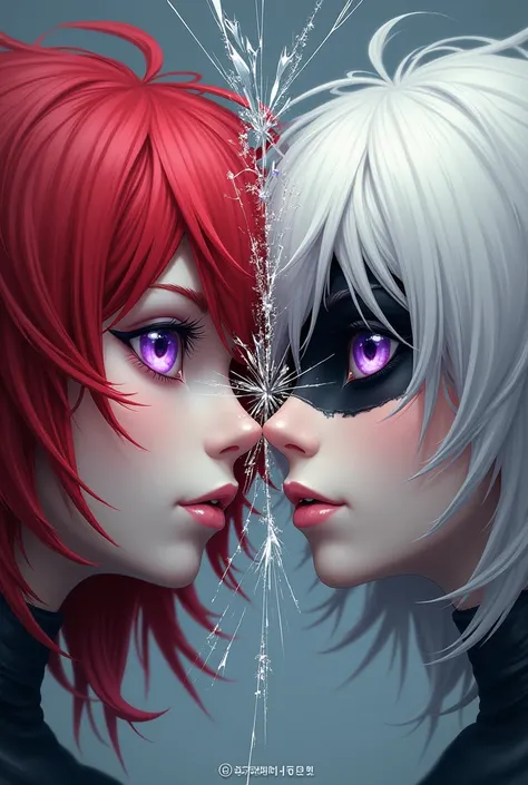 Two faces crashing together like glass one face red hair with purple eyes other face white hair with black cat eye 