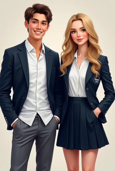 Teenagers aged eighteen, one male and one female teenager wearing a school uniform
