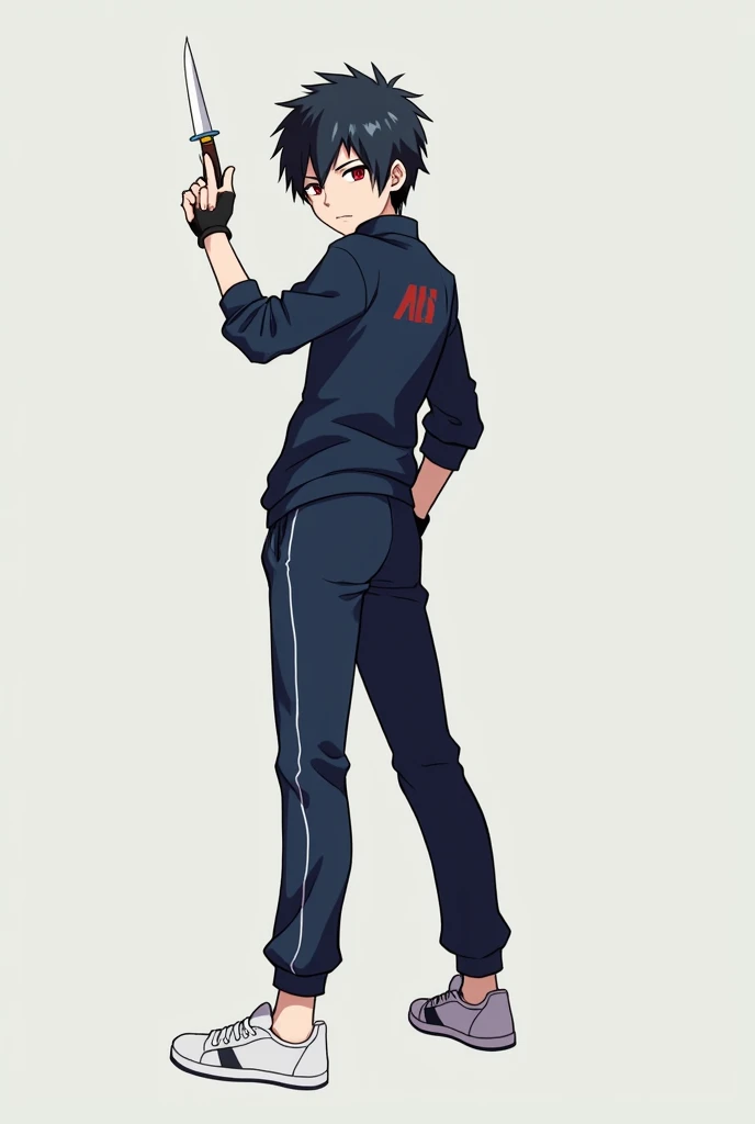 An anime male character Natsuki Subaru from Re:Zero series, wearing a track suit with sneakers. He is standing in an action pose and holding a dagger in his left hand.